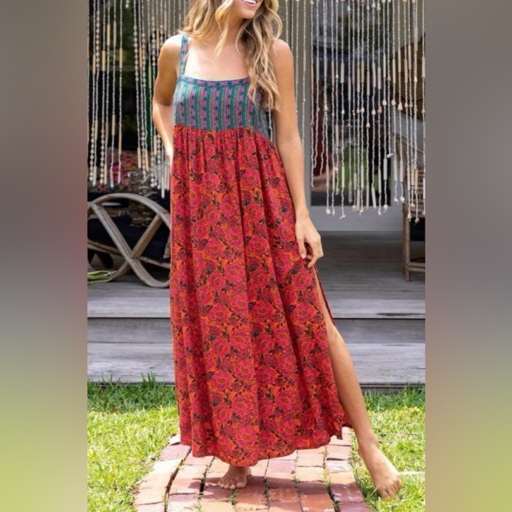NATURAL LIFE Patti Red Floral Maxi Dress with Teal Bodice